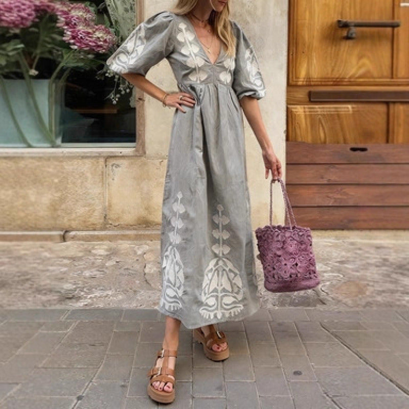 Damen Midikleid Luftige Puffärmel Florales Stickdesign