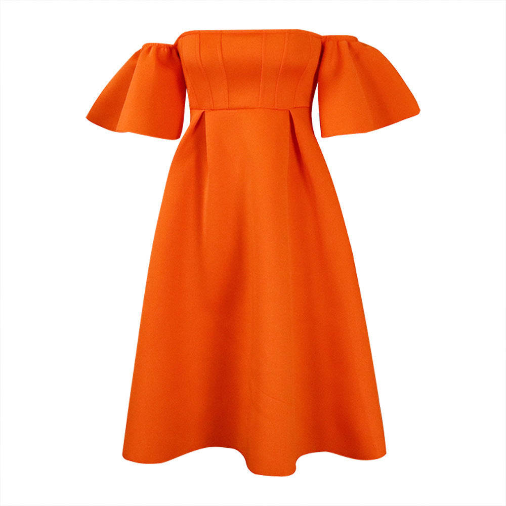 Damen A-Linie Kleid Schulterfrei Puffärmel Taillierung