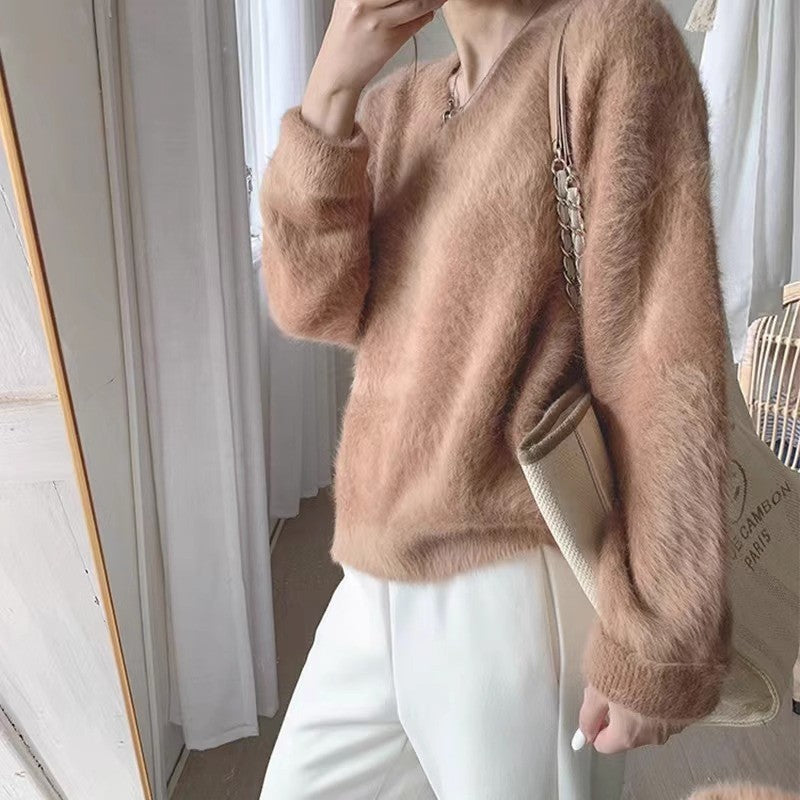 Damen Pullover V-Ausschnitt Weiches Material Flauschig Beige - Norvielle