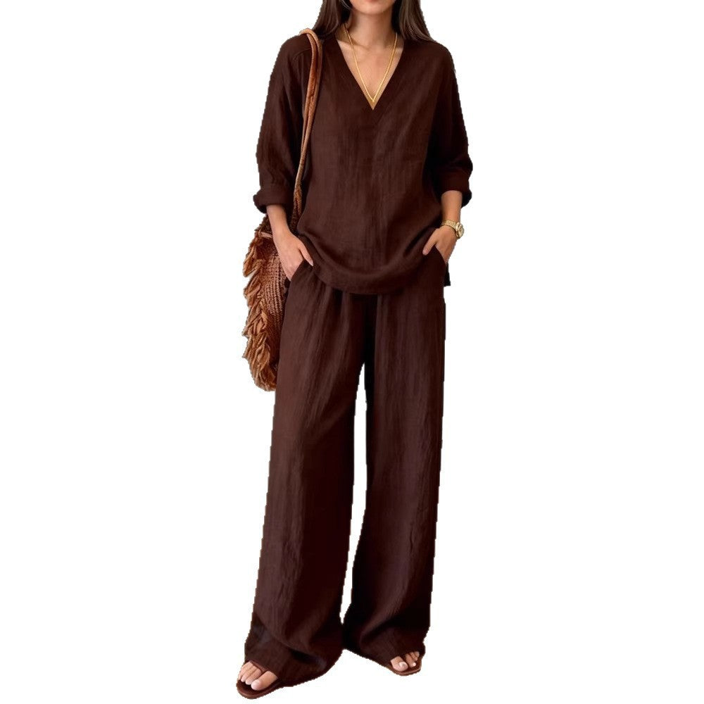Damen Leinen-Oberteil und Palazzo-Hosen-Set Leinen Beige