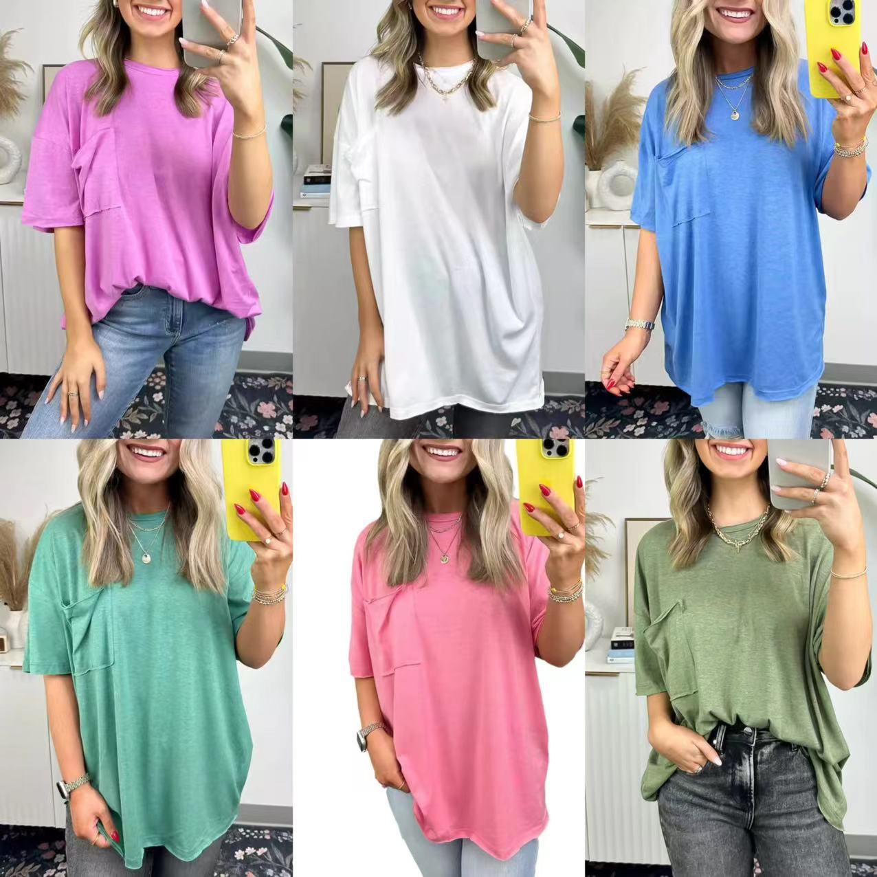 Damen Oversized T-Shirt mit Tasche aus Baumwolle Schwarz - Norvielle