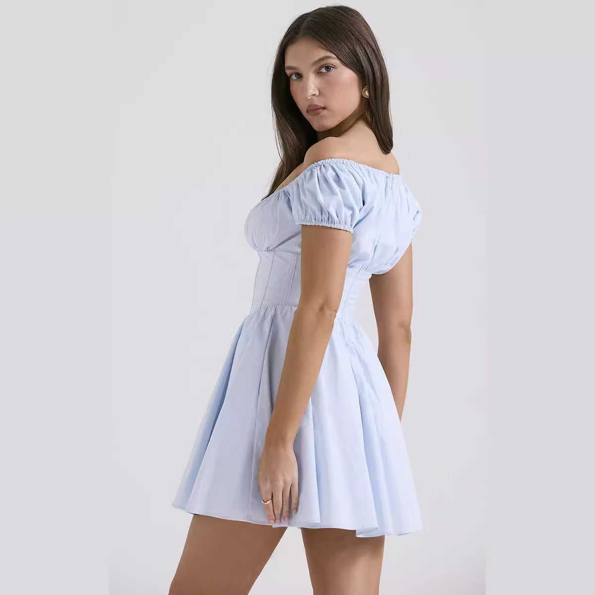 Damen Sommerkleid Raffungsausschnitt Knopfdetail Seide