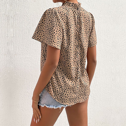 Damen Leopardenbluse Kurzarm Stehkragen