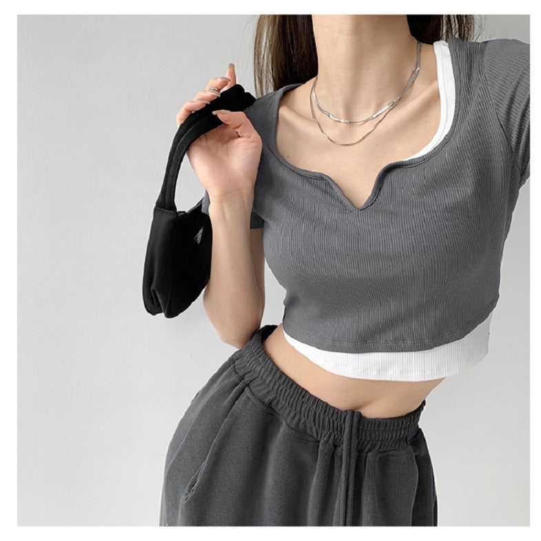 Damen Cropped Oberteil V-Ausschnitt Textur