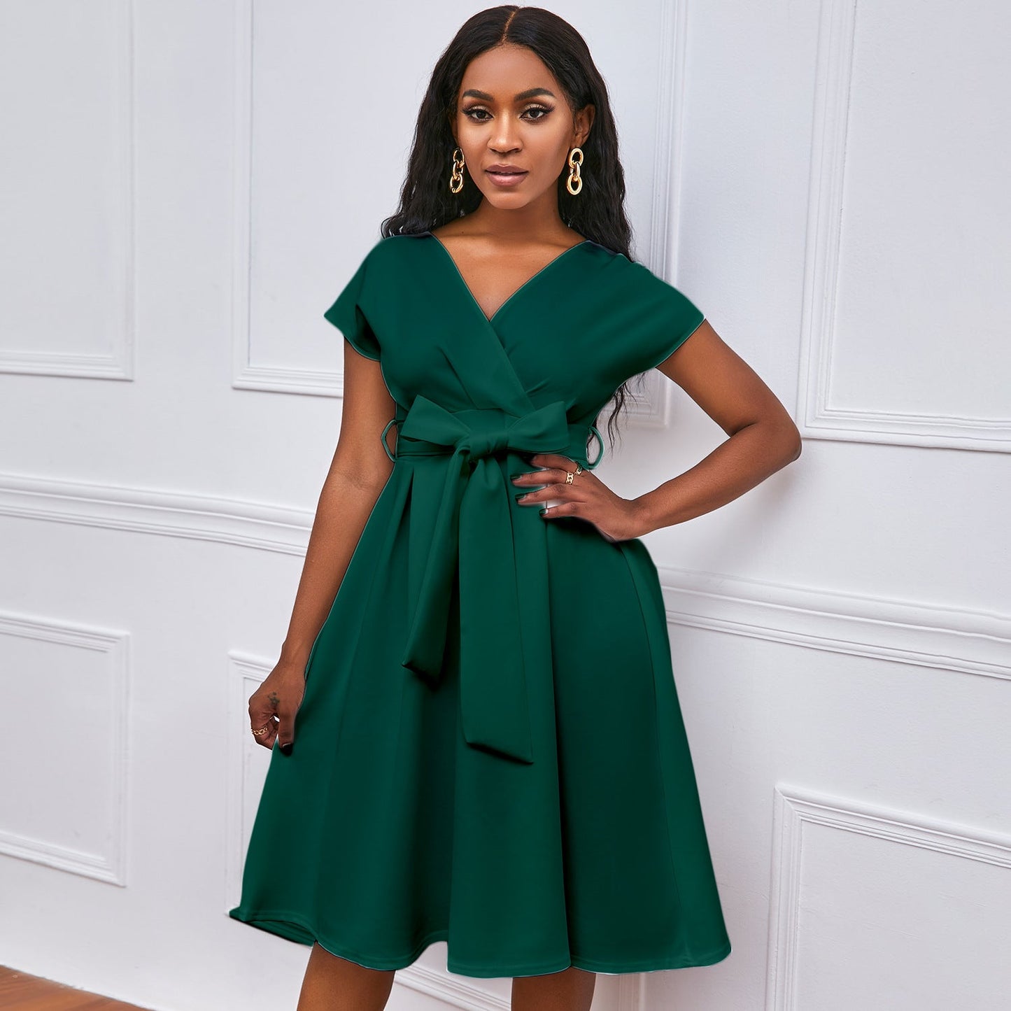 Damen Wickelkleid V-Ausschnitt Gürtel Norvielle