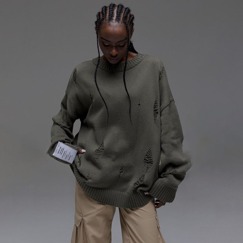 Damen Oversized Pullover Grob gestrickt Distressed Details Beige