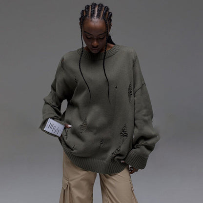 Damen Oversized Pullover Grob gestrickt Distressed Details Beige