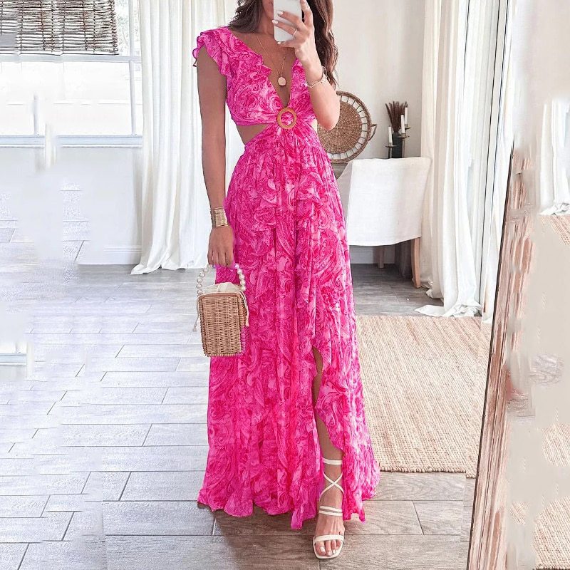 Damen Maxikleid Lang Cut-Out Rüschenausschnitt Norvielle