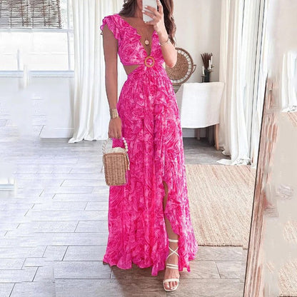 Damen Maxikleid Lang Cut-Out Rüschenausschnitt Norvielle