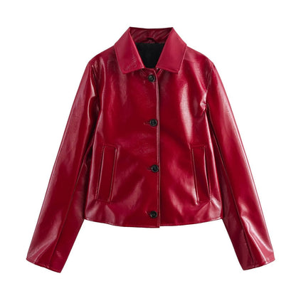 Damen Kunstlederjacke Glänzend Praktische Taschen Schwarz - Norvielle