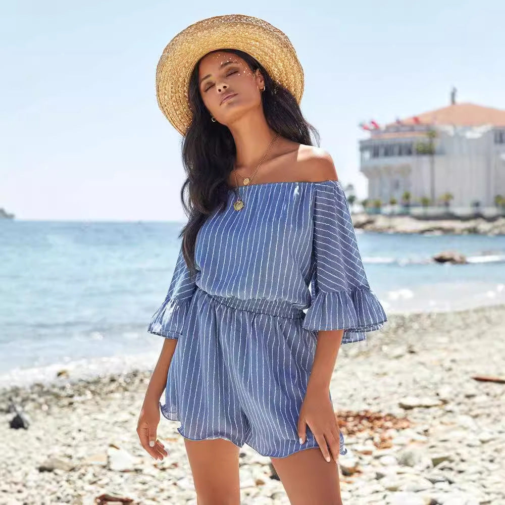 Damen Sommerkleid Off-Shoulder Rüschenärmel Elastisch Norvielle - Norvielle