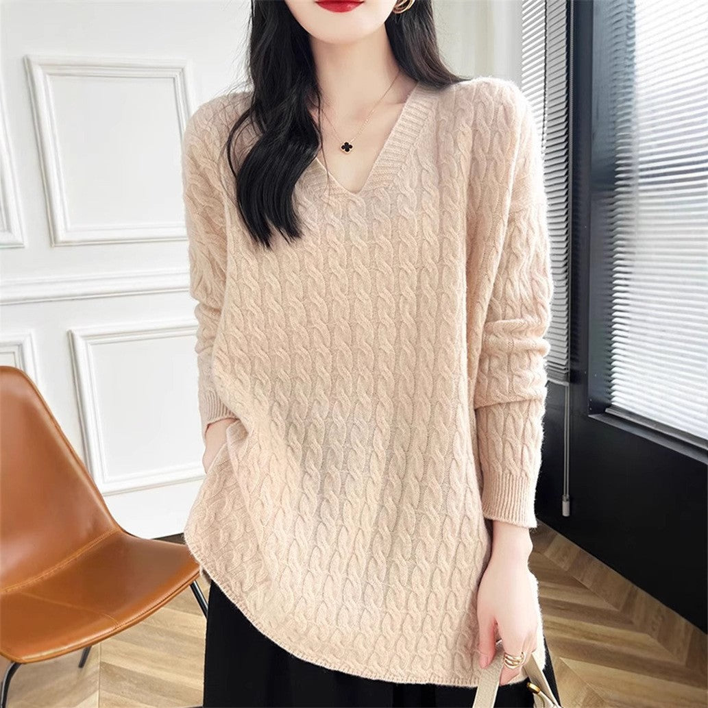 Damen Pullover V-Ausschnitt Lässig Zopfmuster Norvielle