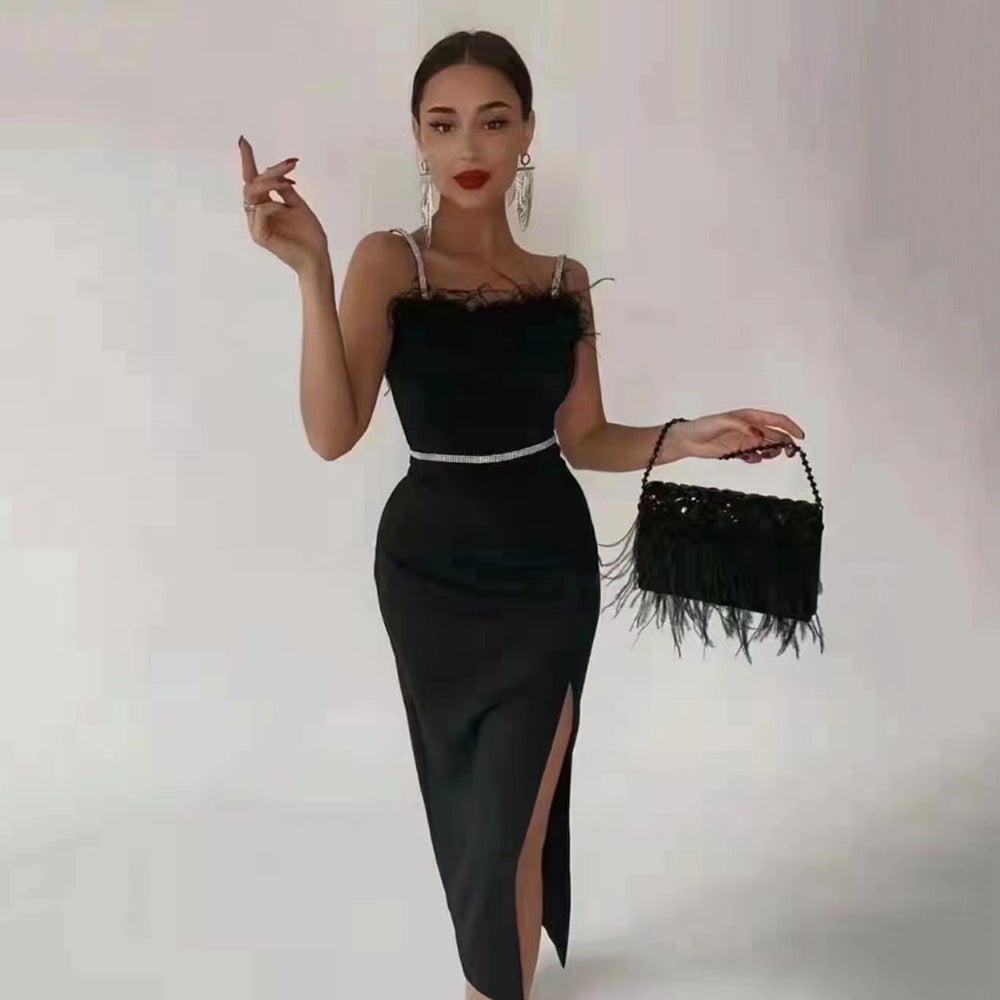 Damen Abendkleid Spitzenbesatz Schlitz