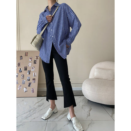 Damen Hemdbluse Oversized Streifenmuster Weiß