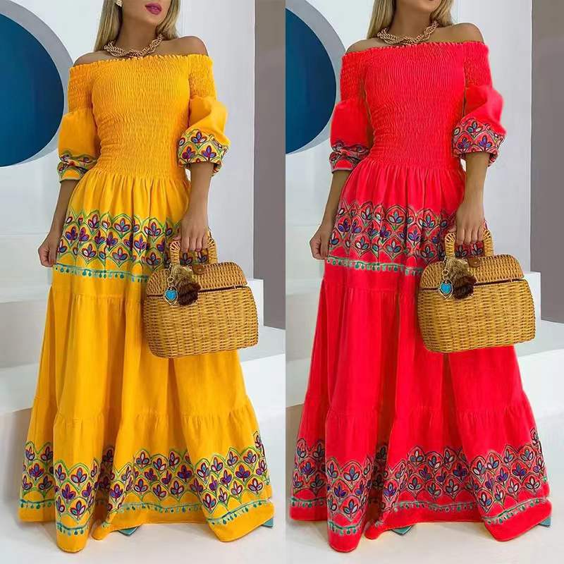Damen Maxikleid Schulterfrei Stickerei Norvielle
