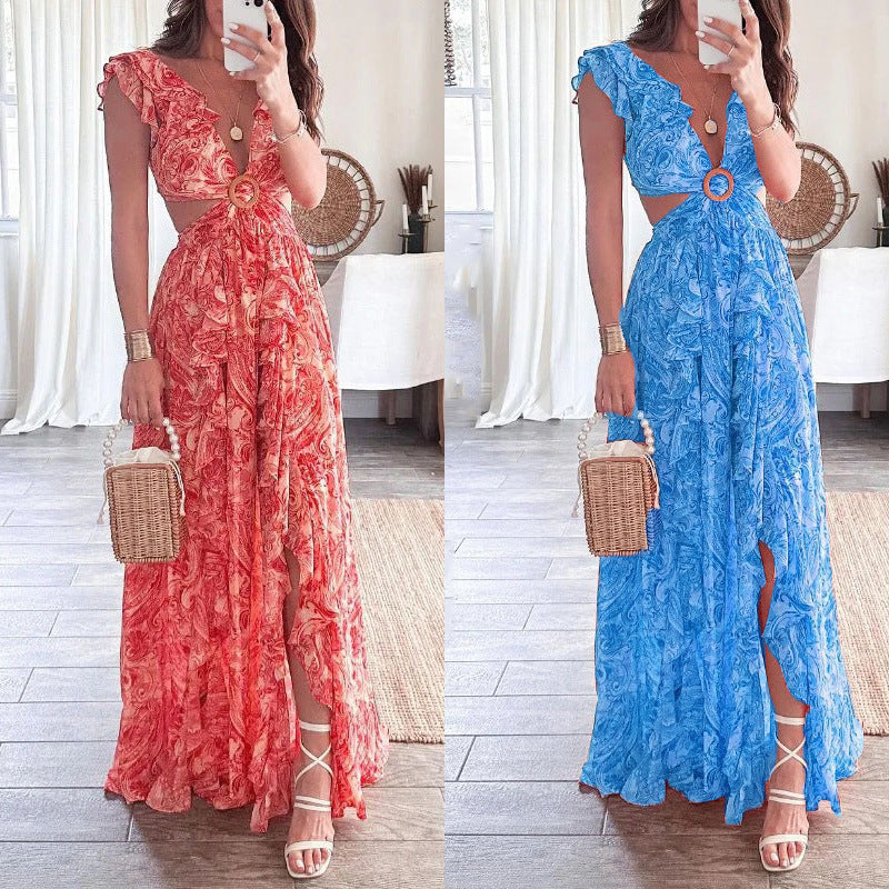 Damen Maxikleid Hochschlitz Florale Rüschendetails