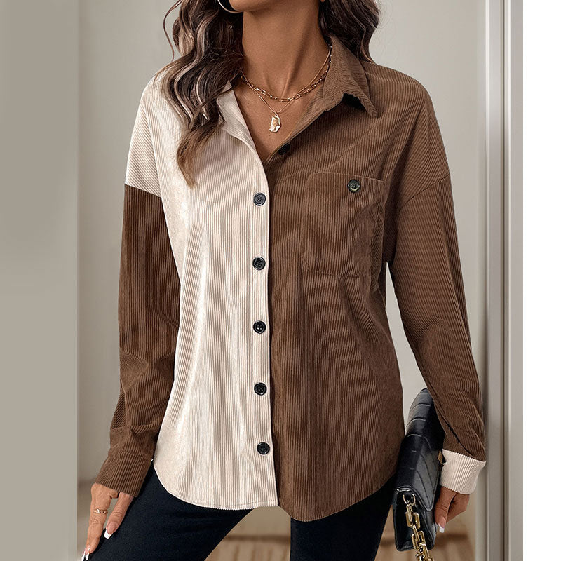 Damen Cordbluse Kontrastdetails Baumwolle Beige