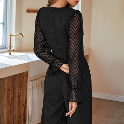 Damen Jumpsuit mit transparenten Ärmeln Taillengürtel Norvielle