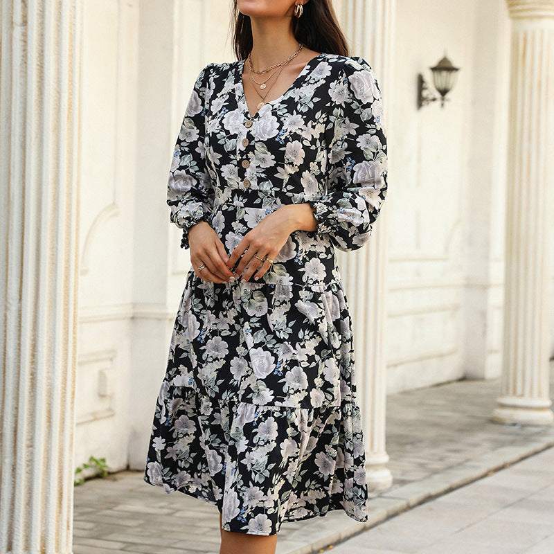 Damen Blumenkleid Rüschendetails Knopfleiste Norvielle - Norvielle
