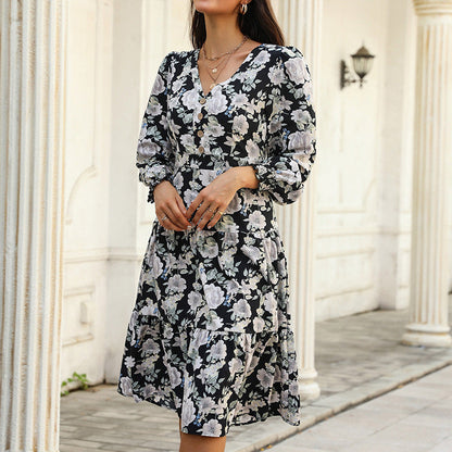 Damen Blumenkleid Rüschendetails Knopfleiste Norvielle - Norvielle