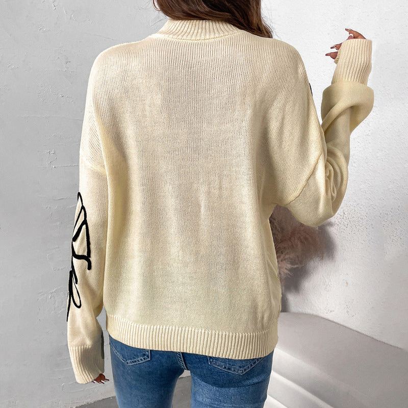 Damen Strickpullover Florales Design Hochkragen