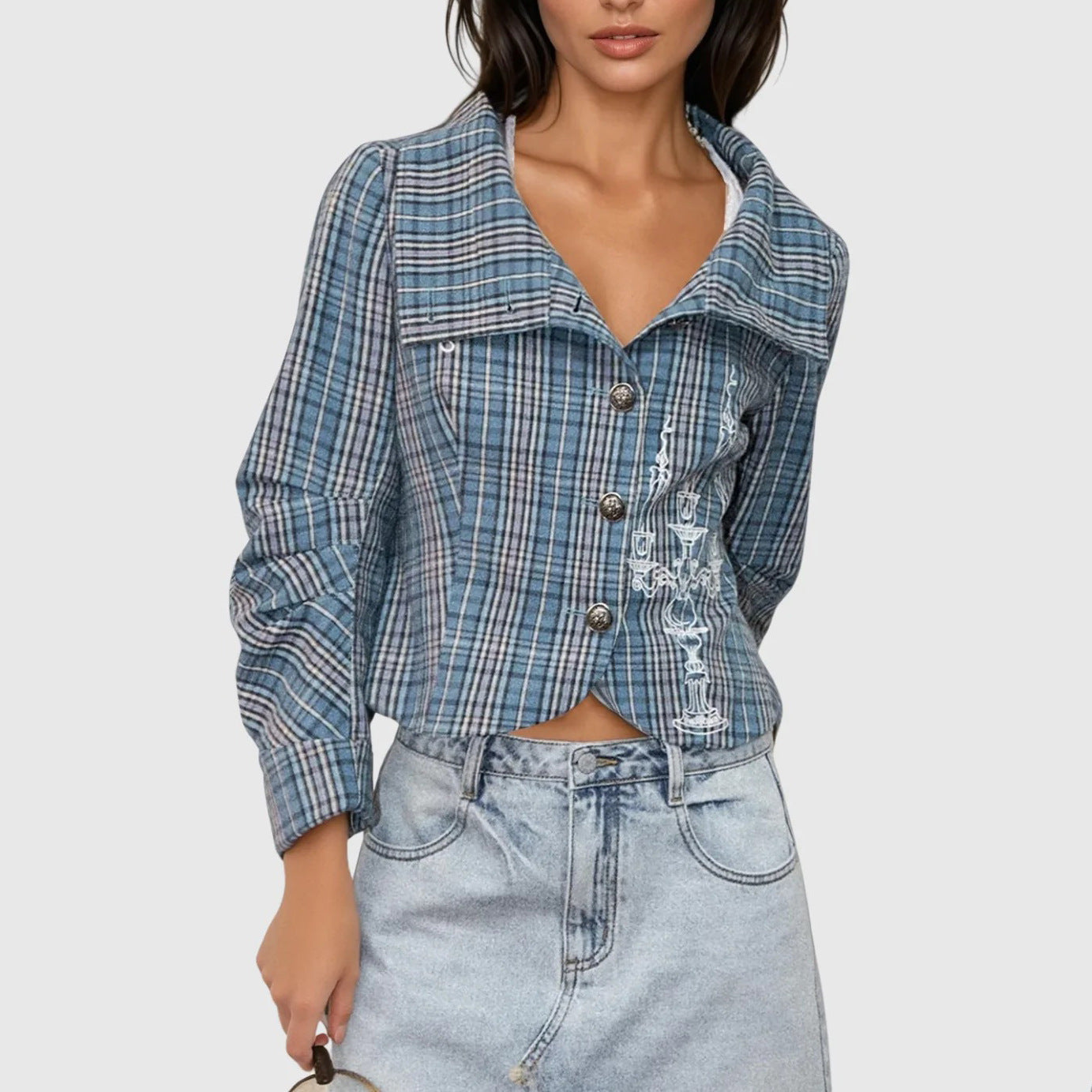 Damen Kurzjacke Kariert Knöpfe Norvielle