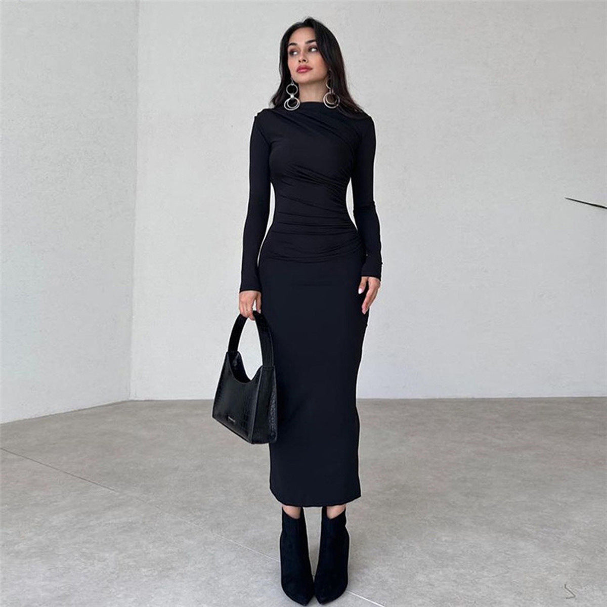 Damen Langarmkleid Figurbetont Raffung Elegant Norvielle