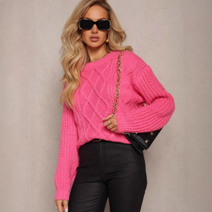 Damen Grobstrickpullover Romantisch Zopfdesign Weite Ärmel Norvielle
