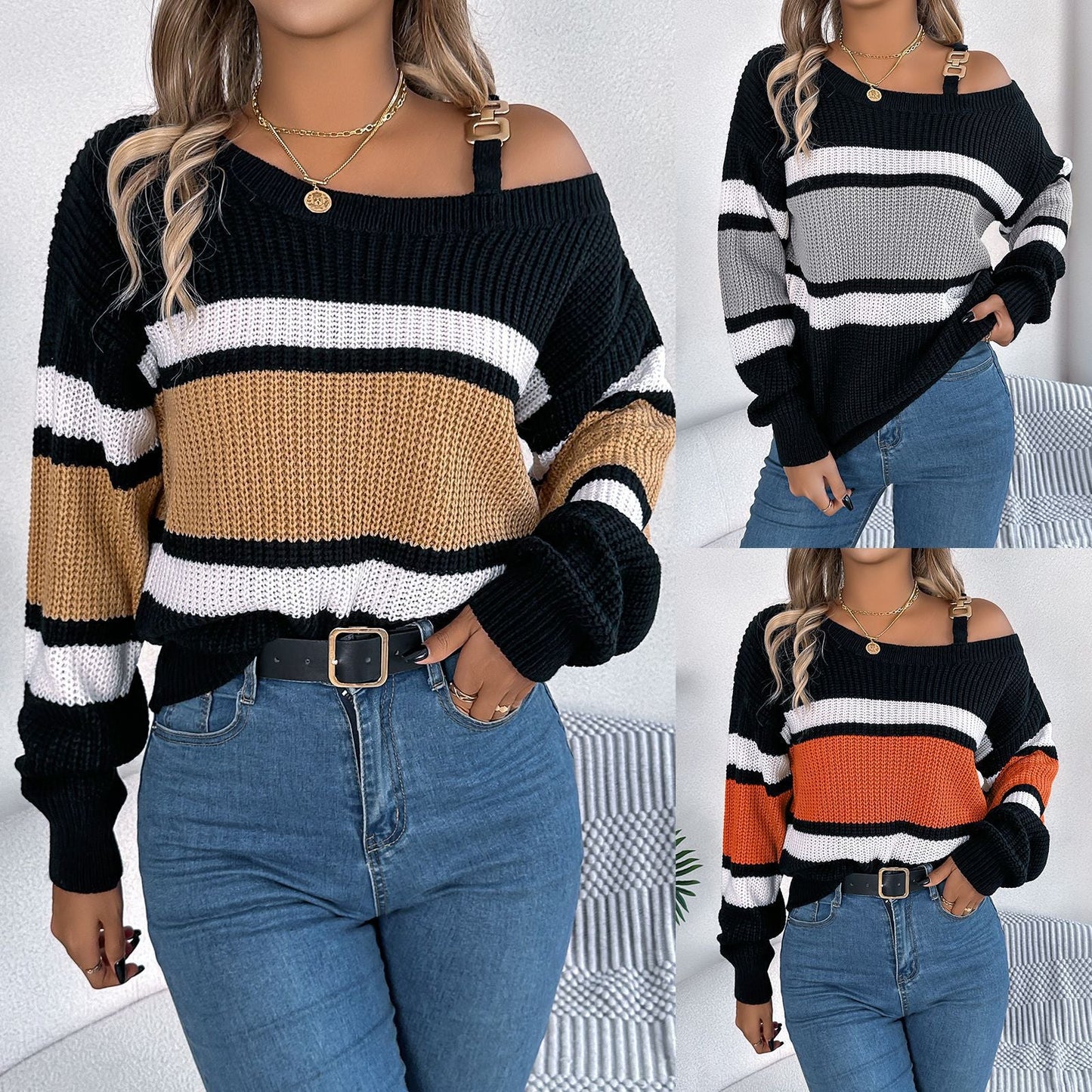 Damen Off-Shoulder Pullover Streifen Norvielle - Norvielle