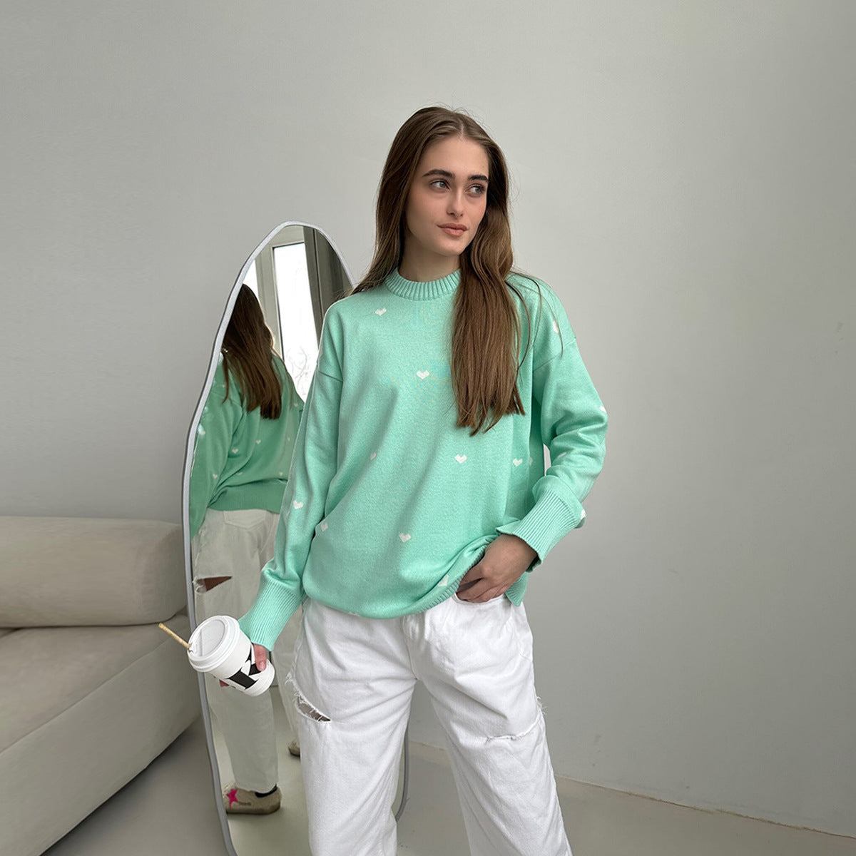 Damen Oversized Pullover Herzmuster Weich Norvielle