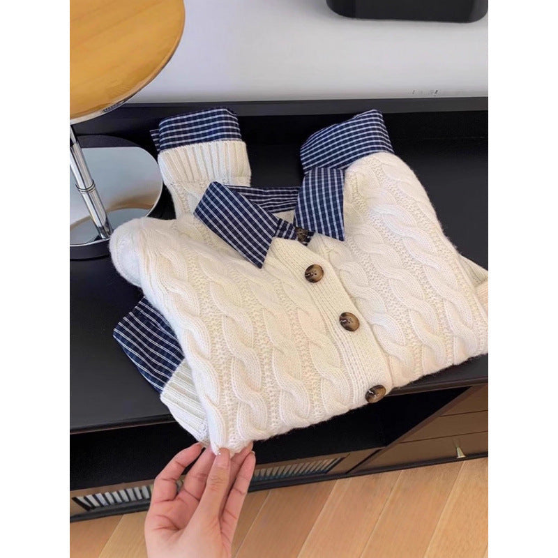 Damen Strickjacke Karostoffkragen Knöpfe Norvielle - Norvielle