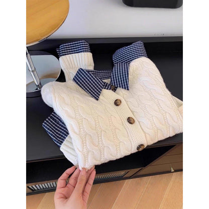 Damen Strickjacke Karostoffkragen Knöpfe Norvielle - Norvielle