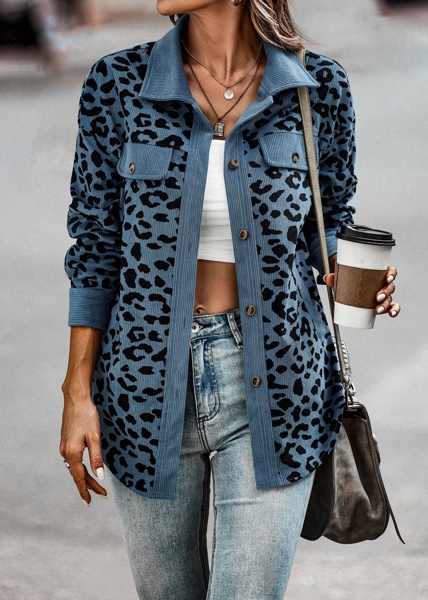 Damen Kordjacke Leo-Print mit Brusttaschen Norvielle