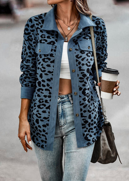 Damen Kordjacke Leo-Print mit Brusttaschen Norvielle