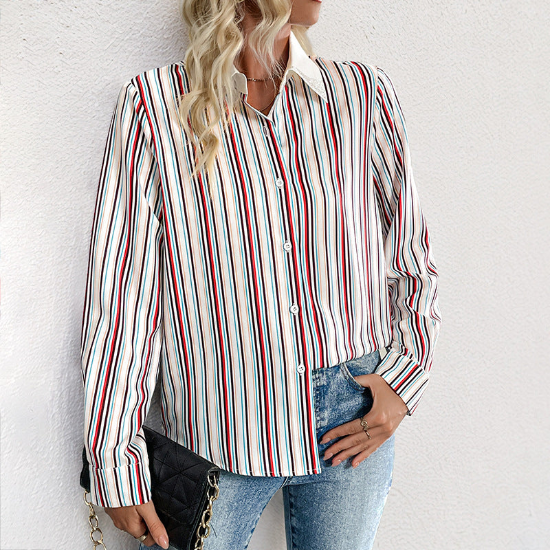 Damen Bluse Streifenmuster Eleganter Kragen Weiß - Norvielle