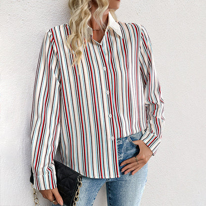 Damen Bluse Streifenmuster Eleganter Kragen Weiß - Norvielle