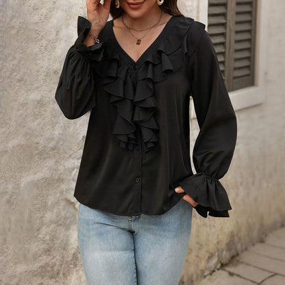 Damen Bluse Rüschendetails V-Ausschnitt Elegantes Design