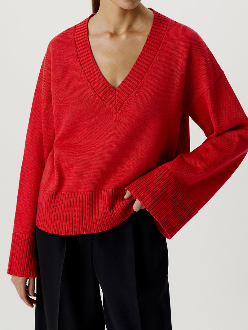 Damen Strickpullover V-Ausschnitt Breite Bündchen Norvielle
