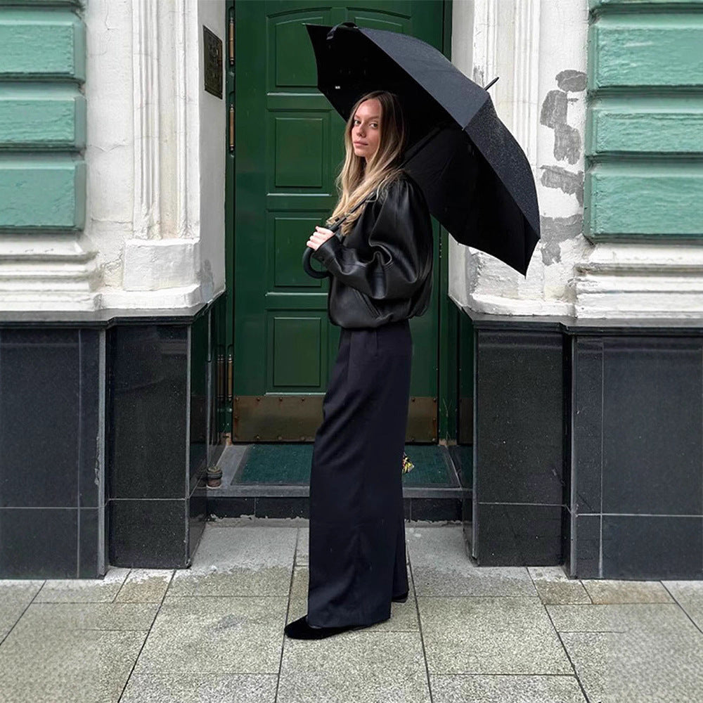 Damen Lederblazerjacke mit Puffärmeln Schwarz - Norvielle