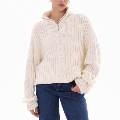 Damen Grobstrickpullover Zip-Kragen Zopf-Design Norvielle - Norvielle