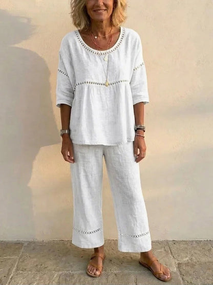 Damen Loungewear Anzug Leinen Luftig Spitze Beige