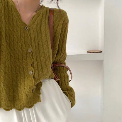 Damen Strickjacke Strukturiertes Zopfmuster Elegante Knöpfe Beige - Norvielle