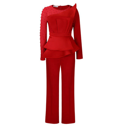 Damen Jumpsuit Asymmetrisch Perlendetails
