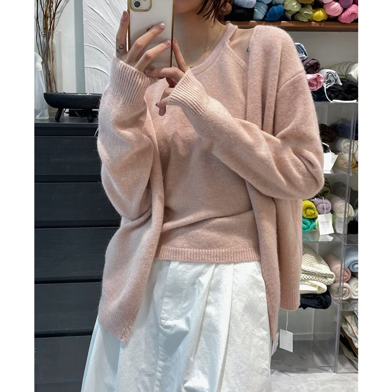 Damen Strickpullover Flauschig Offene Ärmel Beige