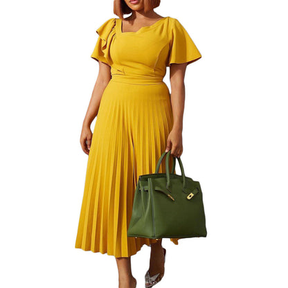 Damen Plisseekleid V-Ausschnitt Rüschen