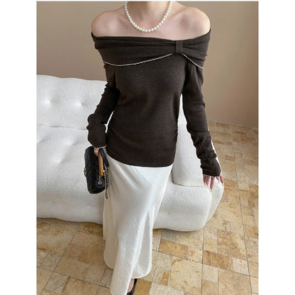 Damen Off-Shoulder Pullover Raffung Länge Langärmelig Norvielle