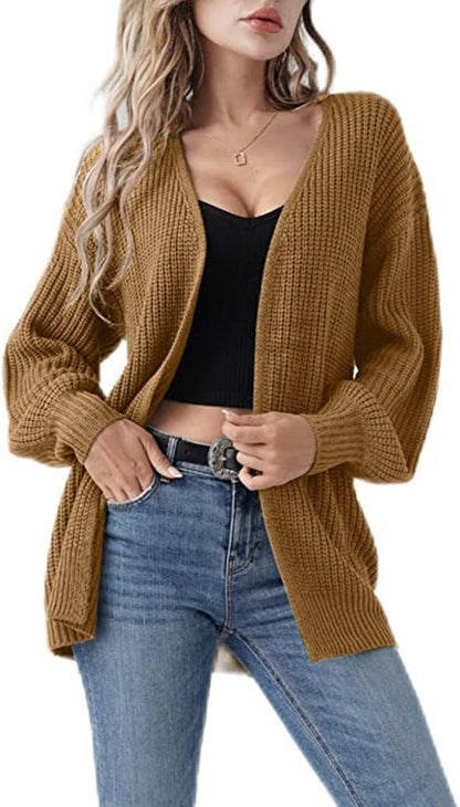 Damen Grobstrick Cardigan Lässig Offene Maschen Beige