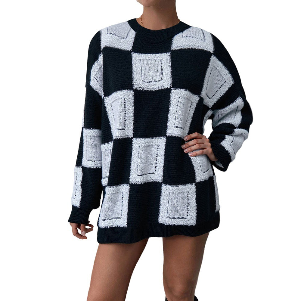 Damen Oversized Pullover Geometrisches Muster Elastisch Beige