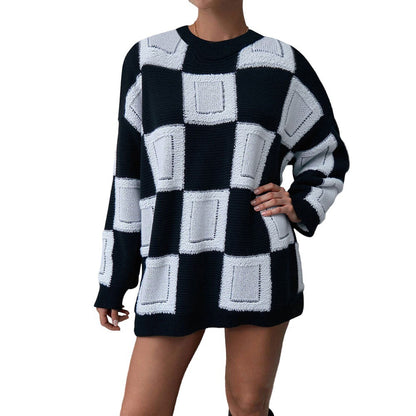 Damen Oversized Pullover Geometrisches Muster Elastisch Beige