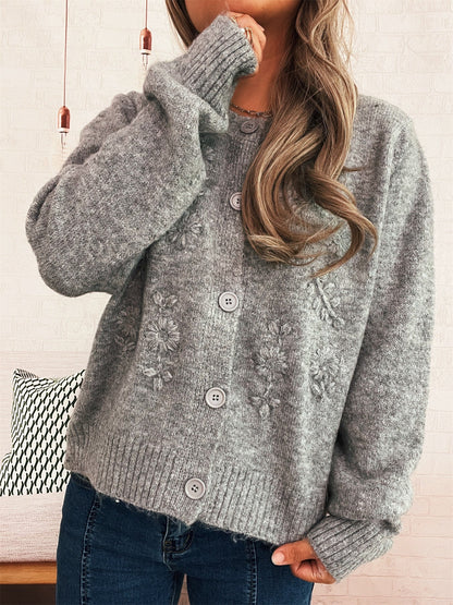 Damen Strickcardigan locker mit Blumenapplikationen und Knöpfen